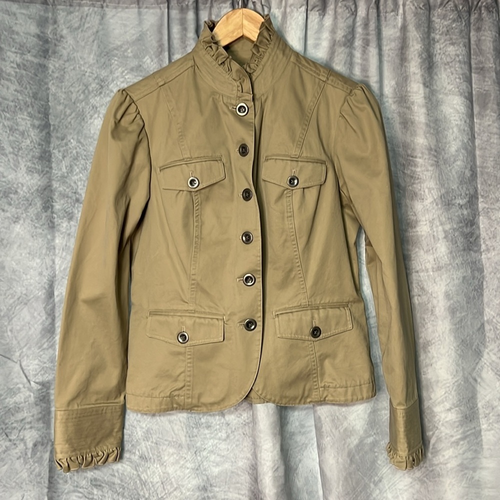 Eddie Bauer Khaki Ruffle Collar Safari Jacket with Ruffle Cuffs - MP - Picture 9 of 16